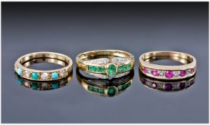 Three 9ct Gold Dress Rings, Set With Rubies, Emeralds, CZ`s And Diamonds, All Hallmarked.