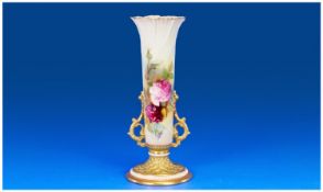 Royal Worcester Hand Painted Spill Vase. Still life roses. Unsigned, date 1918. 9.25 inches high.