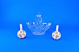 Pair Of Small Bristol Glass Vases with bird and floral decoration. Approximately 6`` in height,