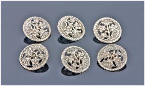 Set Of Six Edwardian Silver Buttons, Of Floral Design, Diameter 18mm, Fully Hallmarked For