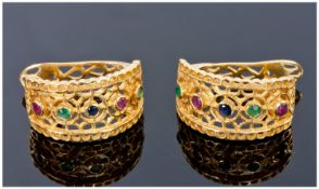 18ct Gold Earrings, Of Lattice Work Design Set With  Emeralds, Rubies And Sapphire