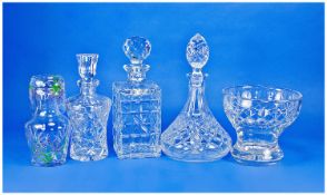 Collection of Glass Ware comprising three decanters, glass decanter and glass with lavender