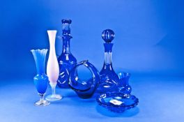 Collection of Blue Glass Ware, including ships decanter, claret jug, slender vase, decorative bowl,