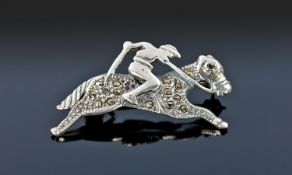 Horse Racing Interest, Brooch Modelled In The Form Of Horse And Jockey, Set With Marcasite, Stamped