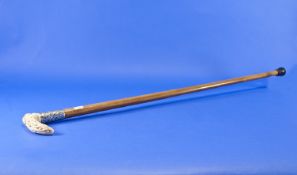 Victorian Ivory Handled Walking Cane, The Marine Carved Handle With Long Silver Embossed Collar