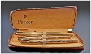 Parker 61 Delux President 9ct Gold Pen Set. Comprises 9ct fountain pen, 9ct ballpoint pen and 9ct