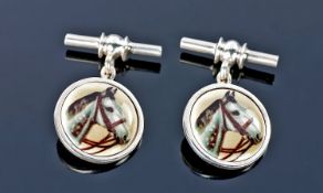 Gents Set Of Silver Cufflinks, Of Circular Form With Chain Links, The Fronts Showing Horses Heads