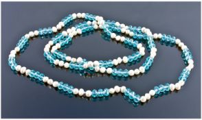 White Baroque Freshwater Cultured Pearl and Apatite Colour Bead Necklace, a long, continuous strand