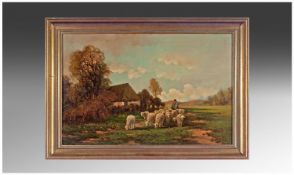 I Wouters Droves with Sheep in a field near a farm, oil on board. Signed. 15 by 23 inches in gilt