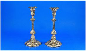 Pair of Silver Plated Candlesticks, in the mid Georgian style, probably late Victorian, 11 inches