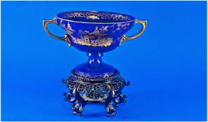 Cauldon Fine Hand Painted Two Handled Chinoiserie  Vase, gold leaf in Royal Blue ground raised on