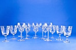 Set Of Nine Cut Glass Drinking Glasses together with a set of five wine glasses with barley twist