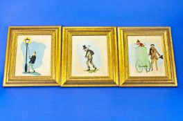 Set Of Three Framed Victorian Lowry Style Watercolours.  8 by 6.5 inches.