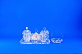 20th Century Cut Glass Dressing Table Set, comprising large tray, powder pot, two trinket pots, two