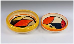 Clarice Cliff Art Deco Pin Dishes. c.1934. ``Abstract``. 3.5 inches diameter and 3 inches diameter.