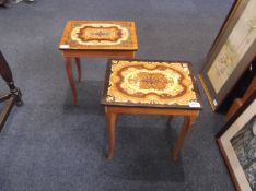 Pair of Italian Marquetry Inlaid Musical Tables, the tops opening to reveal compartments, one top