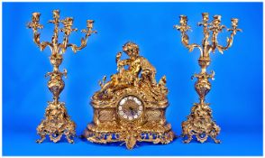 Rococo Style Gilt Garniture Clock Set, comprising large mantle clock, with Classical figure to top,
