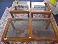 Contemporary Teak Framed Englender Coffee Table, glass topped, together with a pair of square