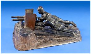 WW1 Interest, French Cast Spelter Figure Group Inkwell, Realistically Modelled Showing Two Soldiers