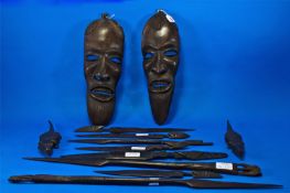 Pair Of African Wooden Wall Masks And Collection Of 10 Mixed Wooden Spear Tips, Knives And