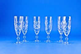Set Of Six Cut Glass Champagne Glasses, Cut decoration to bowls, knopped stems.
