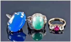 Vintage Silver Rings, 2 in Total, Set with Large Coloured Stones. Plus a 9ct gold 3 stone ring set
