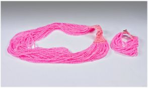 Bright Pink Multistrand Seed Bead Necklace and Bracelet Set, hand made, with thirty strands of the