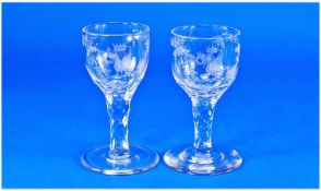 George IV Pair of Port Glasses with crest faceted stems and etched and engraved bowls c 1830. 5.25