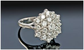 18ct White Gold Fine Diamond Cluster Ring. Flowerhead setting. Comprises of 19 Brilliant Cut