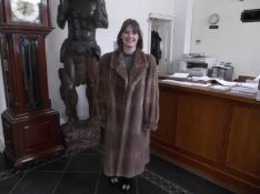 Taupe Musquash Full Length Coat, self-lined collar with revers, puffed sleeve into optional turn-