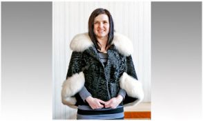 Black Persian Lamb and White Fox Cape Jacket, the two fronts with clip hook and loop fastening are