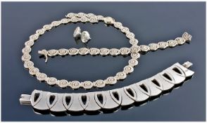 Fancy Link Silver Necklace, Bracelet And Earring Set. Together With A Silver Bracelet.
