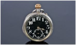 Large Silver Cased Open Faced Pocket Watch, Black Dial With Arabic Numerals And Subsidiary Seconds.