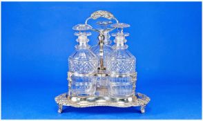 Antique Georgian Sheffield Plate 3 Bottle Tantalus. The Tantalus frame with a gadrooned edge,