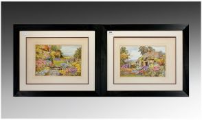 Pair of J Stannard Decorative Prints. 1. An Old Fashioned Garden. 2. The Rotary Garden. Black
