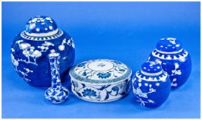 A Collection of Five Chinese Blue and White Pieces, comprising miniature vase, three ginger jars