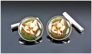 Gents Set Of Silver Cufflinks, Of Circular Form With Chain Links, The Fronts Showing Foxes Heads