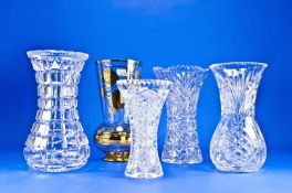 Five Various Cut Glass Vases, comprising 2 Baluster Shaped Vases, two waisted vases and further