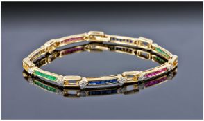 18ct Gold Diamond And Gemset Bracelet, Channel Set Alternating Calibre Cut Rubies, Sapphires And