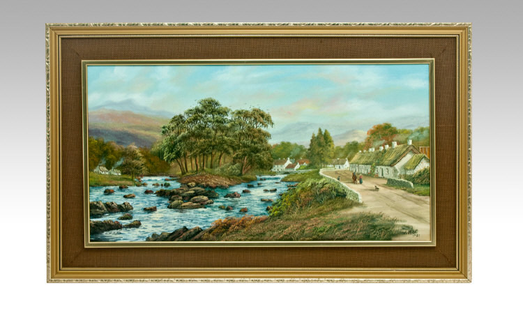 Keith Sutton Oil on Board. `Country Village Scene with river in foreground` Signed and dated lower