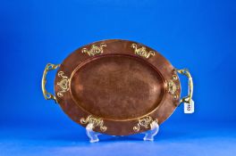 Art Nouveau/Arts & Crafts Brass Handled Oval Shaped Hammered Copper Tray.Circa 1890. 15.25`` in
