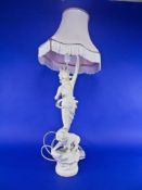 Figural Table Lamp, white painted spelter with delicate pink fringed shade. 31 inches in height.