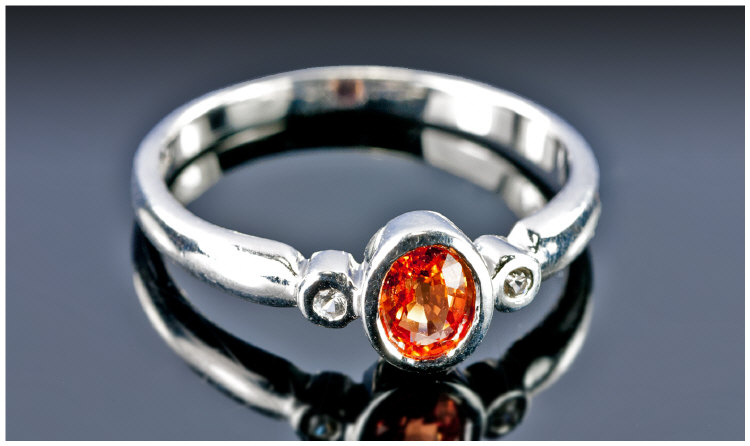 9ct White Gold Gem Set Ring, Set With An Orange Brazilian Topaz Coloured Stone Set Between Two