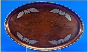 Arts and Crafts Handmade Planished Copper Oval Gallery Tray, Harold Holmes c 1920`s. inlaid with