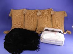 Collection of Soft Furnishings. Comprising a set of four scatter cushions with tassels in gold,
