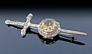 Glasgow Silver Scottish Brooch, Modelled In The Form Of A Broadsword Set With A Central Cairngorm