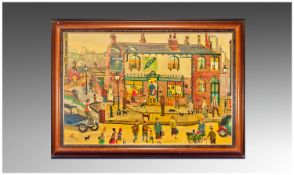 Primitive Oil Painting on Board. Signed and dated lower left 1990. `Lancashire Street Scene`. In