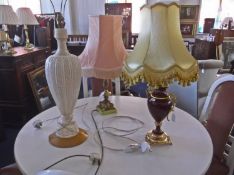 Three Various Lamps, comprising one with Limoge style column, a contemporary cream coloured table