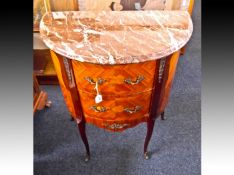 Louis XV Style Commode, of demi-lune form, marble topped, veneered and inlaid with marquetry,