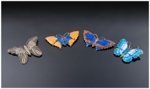 Four Various Butterfly Brooches comprising one with blue, green and turquoise enamel, one in royal